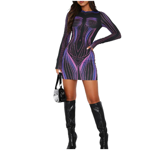 Long-sleeve bodycon mini dress with V-neck, black base and purple-blue line pattern