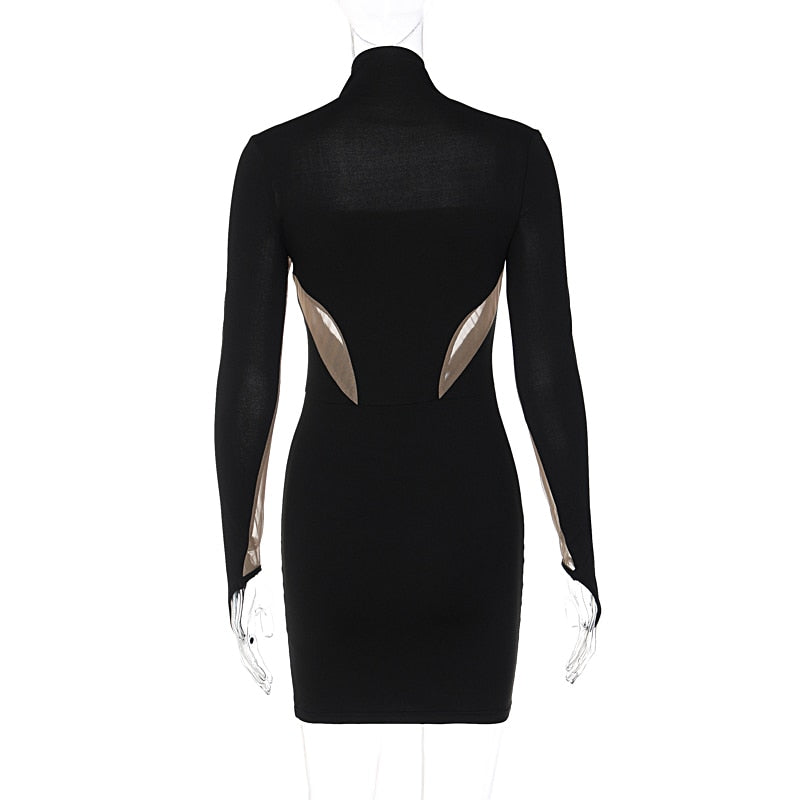 Black bodycon mini dress with sheer long sleeves and back cutout panel