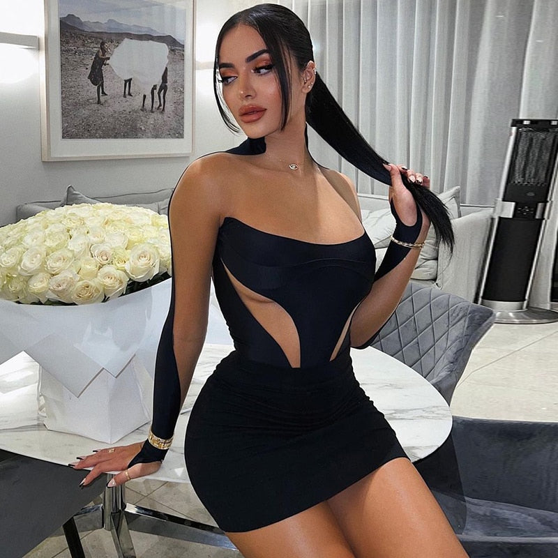 Black strapless mini dress with waist cutout and sheer long sleeves