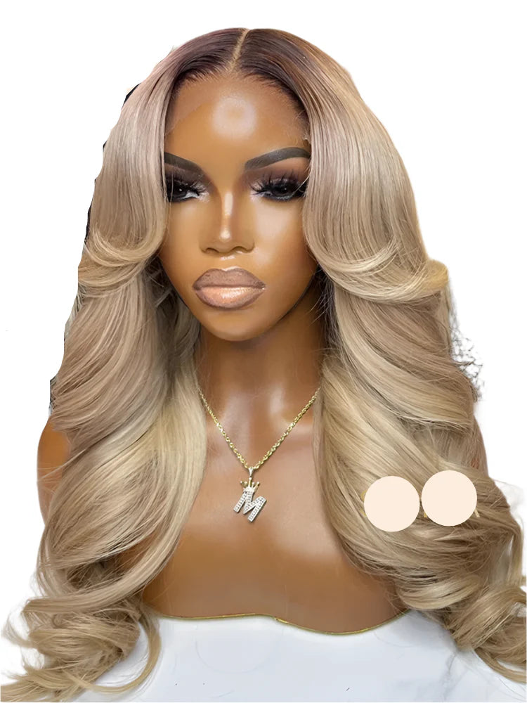Ombre Ash Honey Blonde 13x6 Transparent Lace Frontal Wig | Dark Root Body Wave