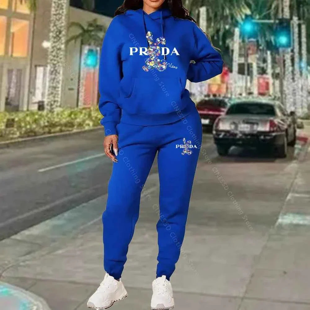 Blue PRADA logo hoodie and jogger set, pullover hood with drawstring pants