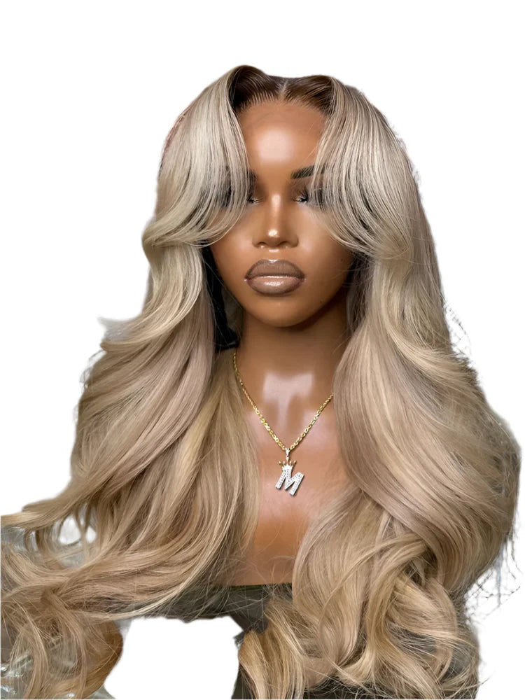 Ombre Ash Honey Blonde 13x6 Transparent Lace Frontal Wig | Dark Root Body Wave
