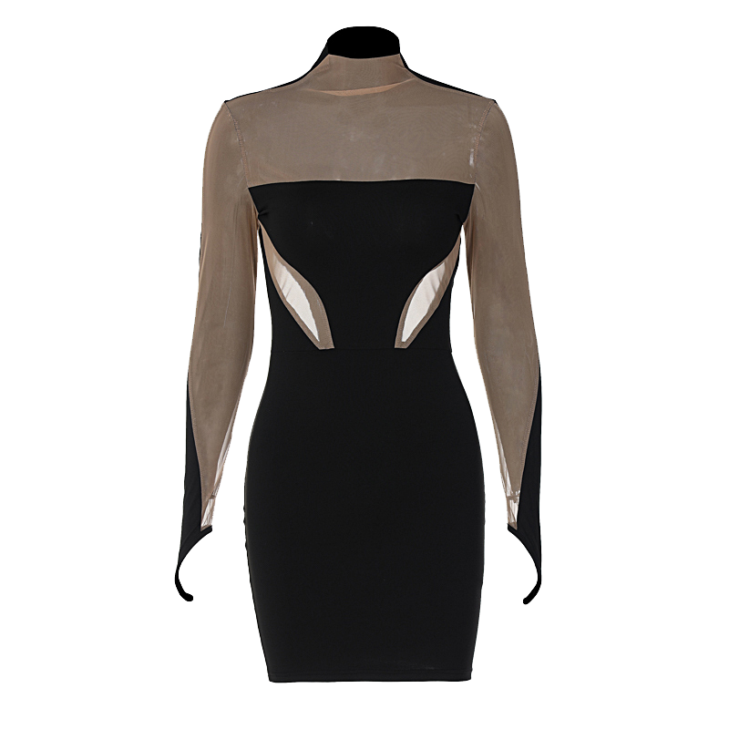 Black mini bodycon dress with sheer long sleeves and back cutout center
