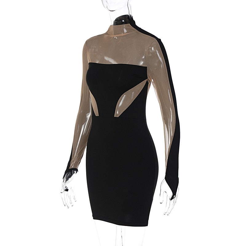 Black bodycon mini dress with sheer long sleeves and front off-shoulder cutout