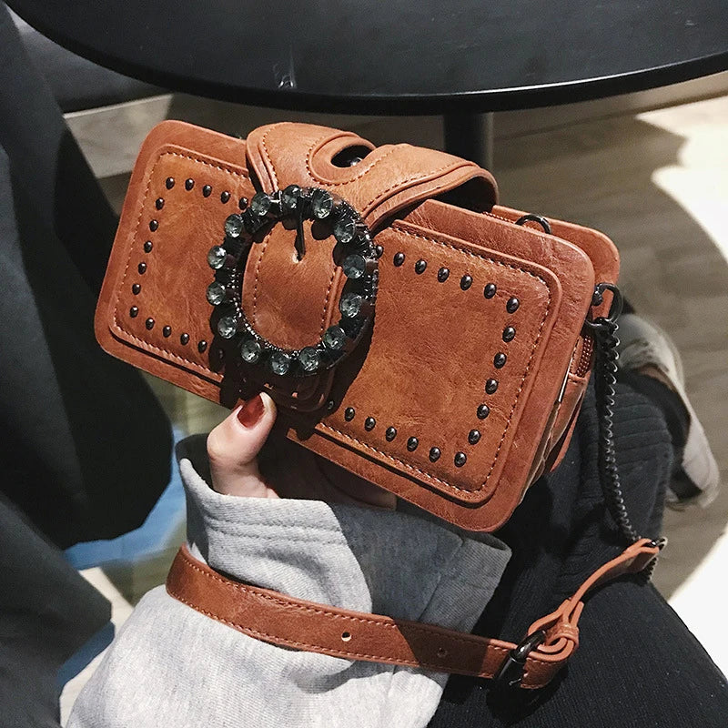 Vintage Round Rhinestone Buckle Bag