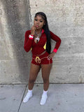 Color-block zip jacket and drawstring shorts set, burgundy with red and yellow accents