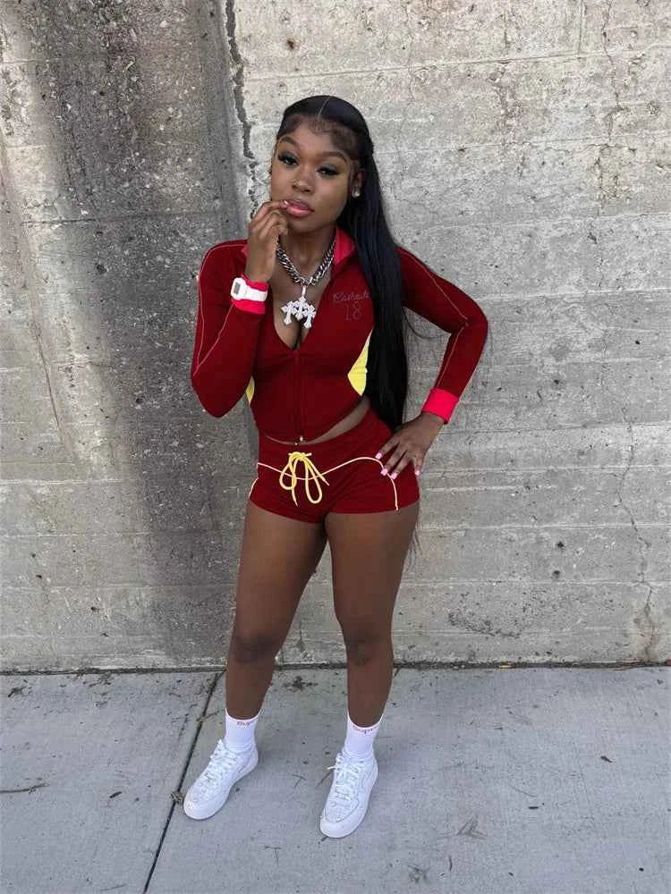 Color-block zip jacket and drawstring shorts set, burgundy with red and yellow accents