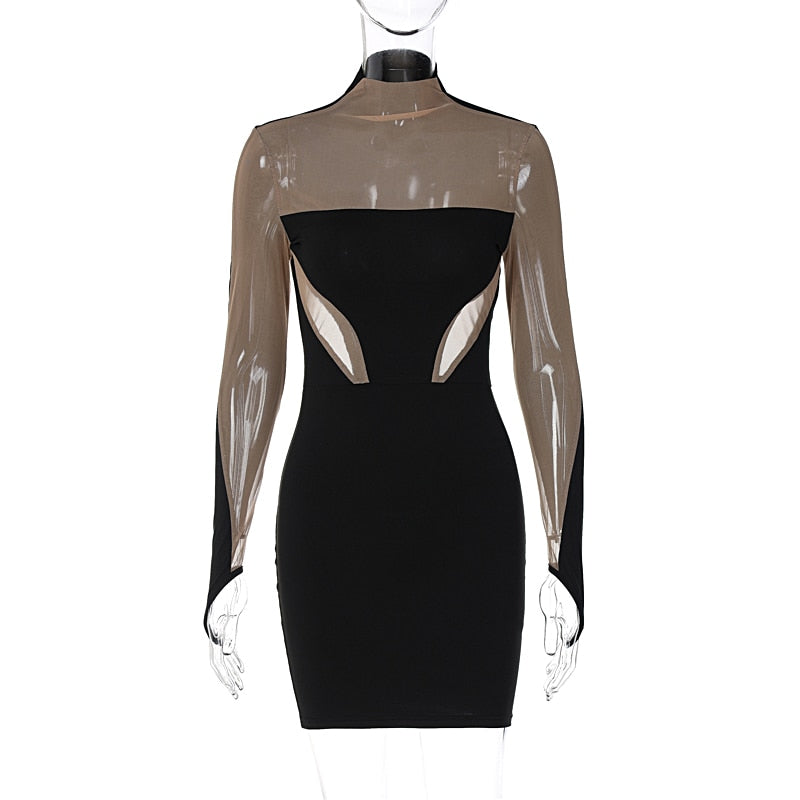 Black bodycon mini dress with sheer long sleeves and front eye-shaped cutout