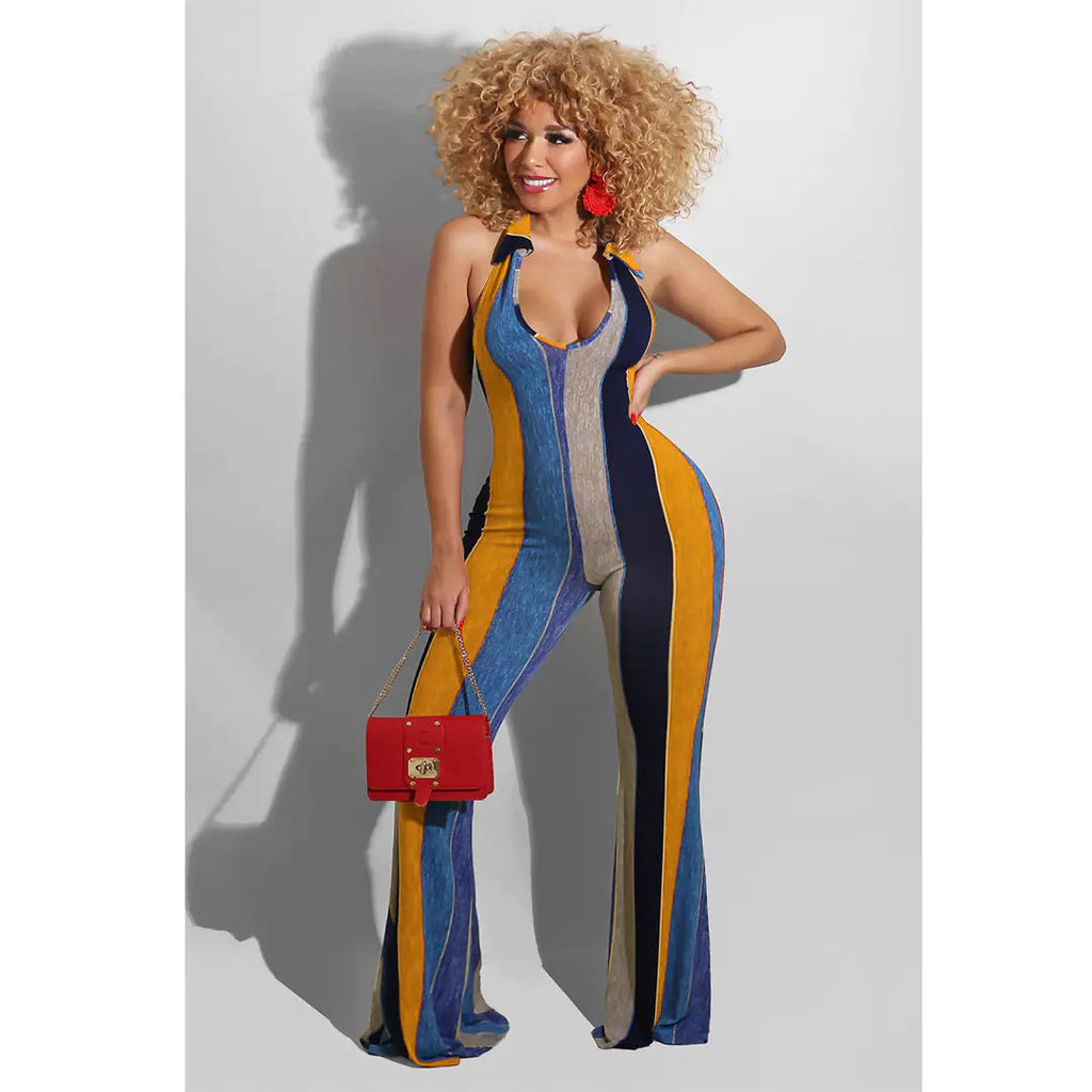 Halter striped one-piece with wide-leg pants, blue with yellow and black panels