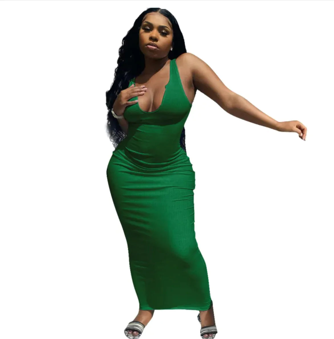 Green sleeveless bodycon midi dress with deep V neckline.