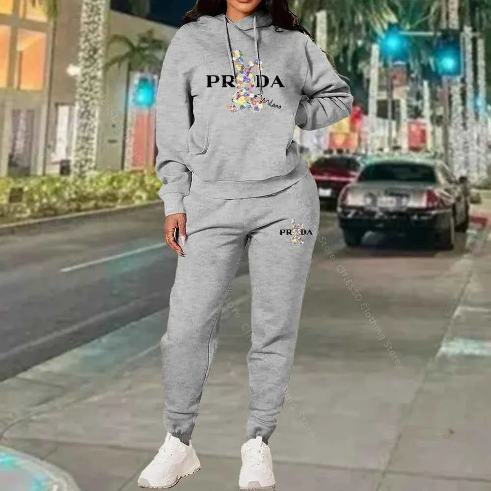 Gray PRADA logo hoodie and jogger set, pullover hood with drawstring pants