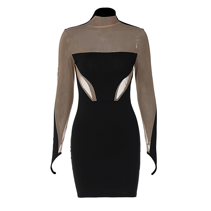 Black mini bodycon dress with sheer long sleeves and back cutout panels