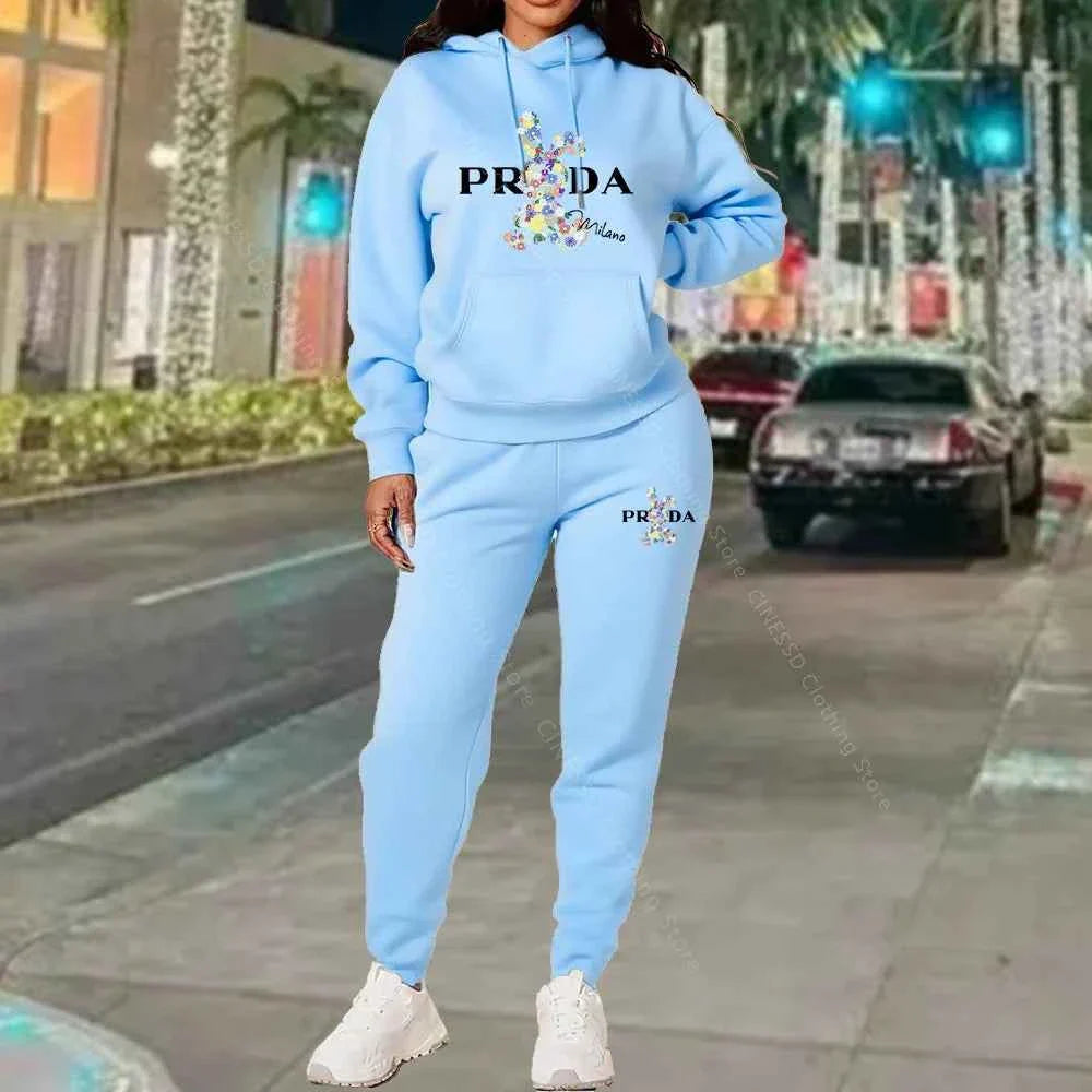 Light blue PRADA logo hoodie and jogger set, pullover hood with drawstring pants