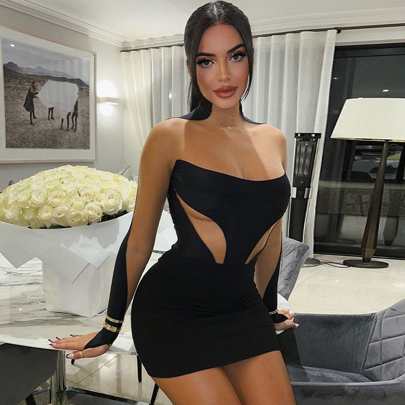 Black cutout bodycon mini dress with sheer long sleeves and asymmetrical neckline
