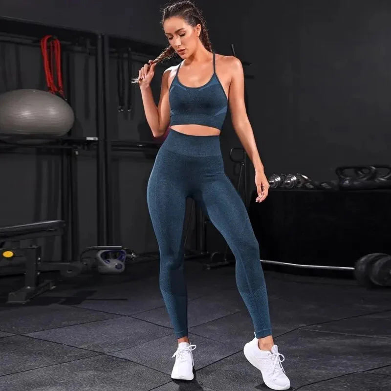 Blue strappy sports bra and high-rise leggings set, full-length front view