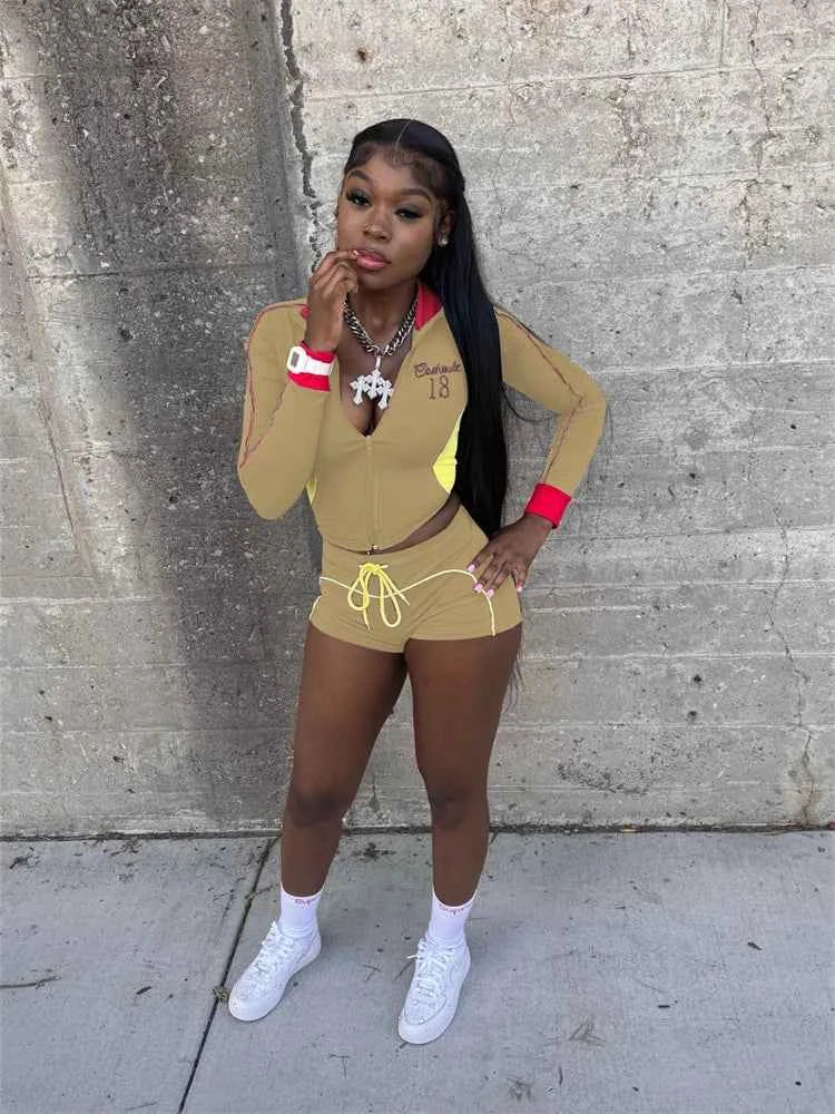Color-block zip jacket and drawstring shorts set, tan with red and yellow accents
