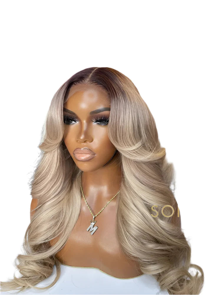 Ombre Ash Honey Blonde 13x6 Transparent Lace Frontal Wig | Dark Root Body Wave
