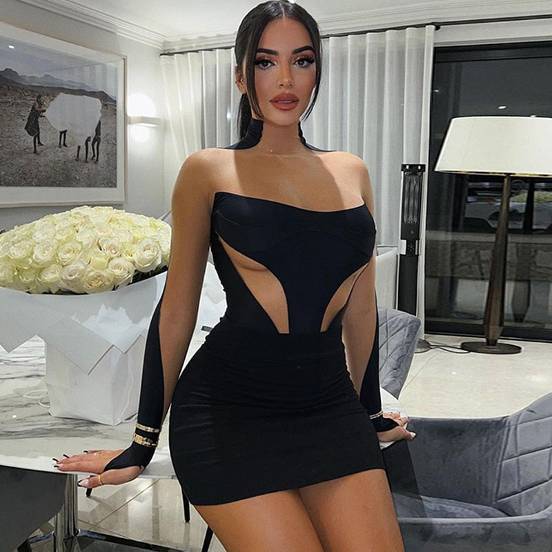 Black strapless mini dress with center waist cutout and sheer long sleeves