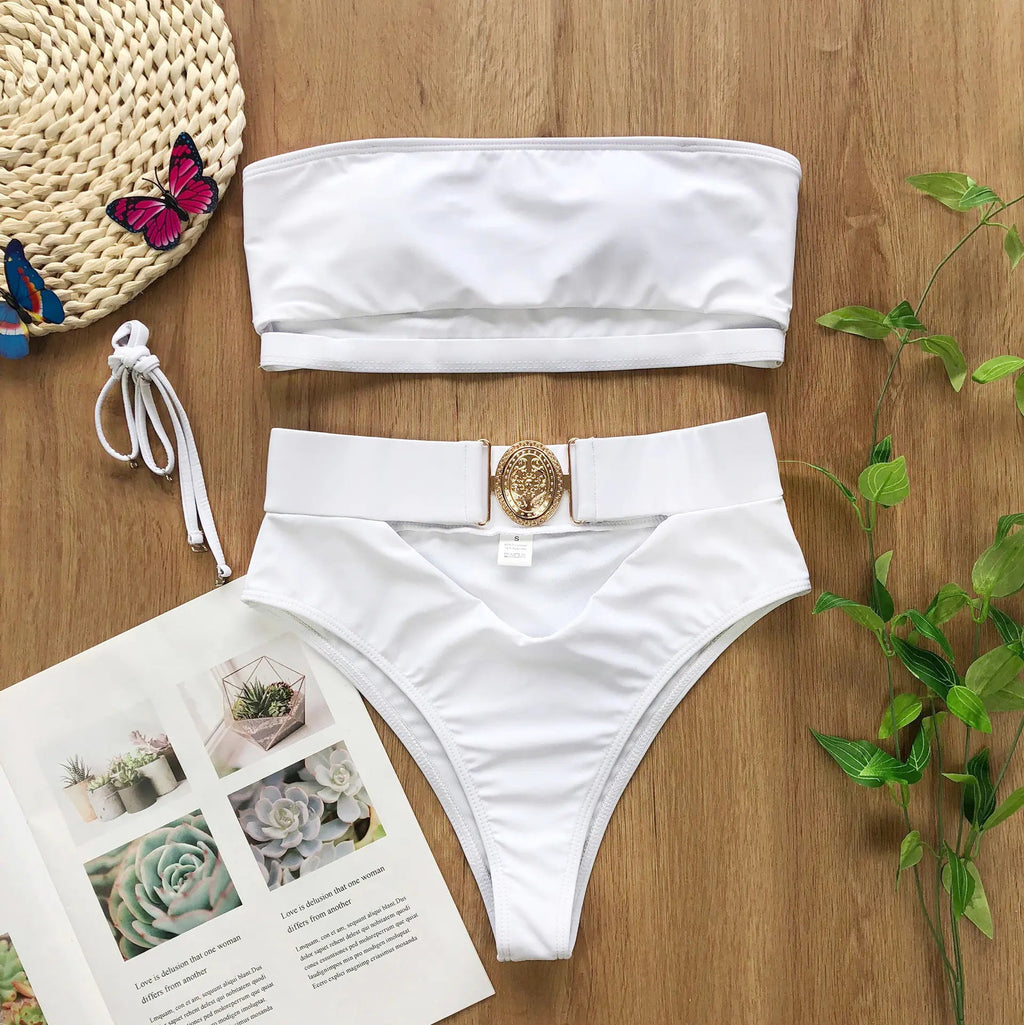 White strapless bikini set with high-waist bottoms and gold center buckle