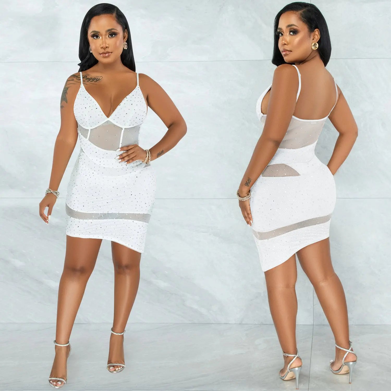 White sparkle mini dress with scalloped V-neck, fitted silhouette, thin spaghetti straps
