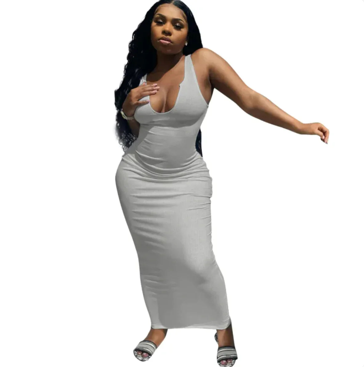 White sleeveless bodycon midi dress with scoop neckline