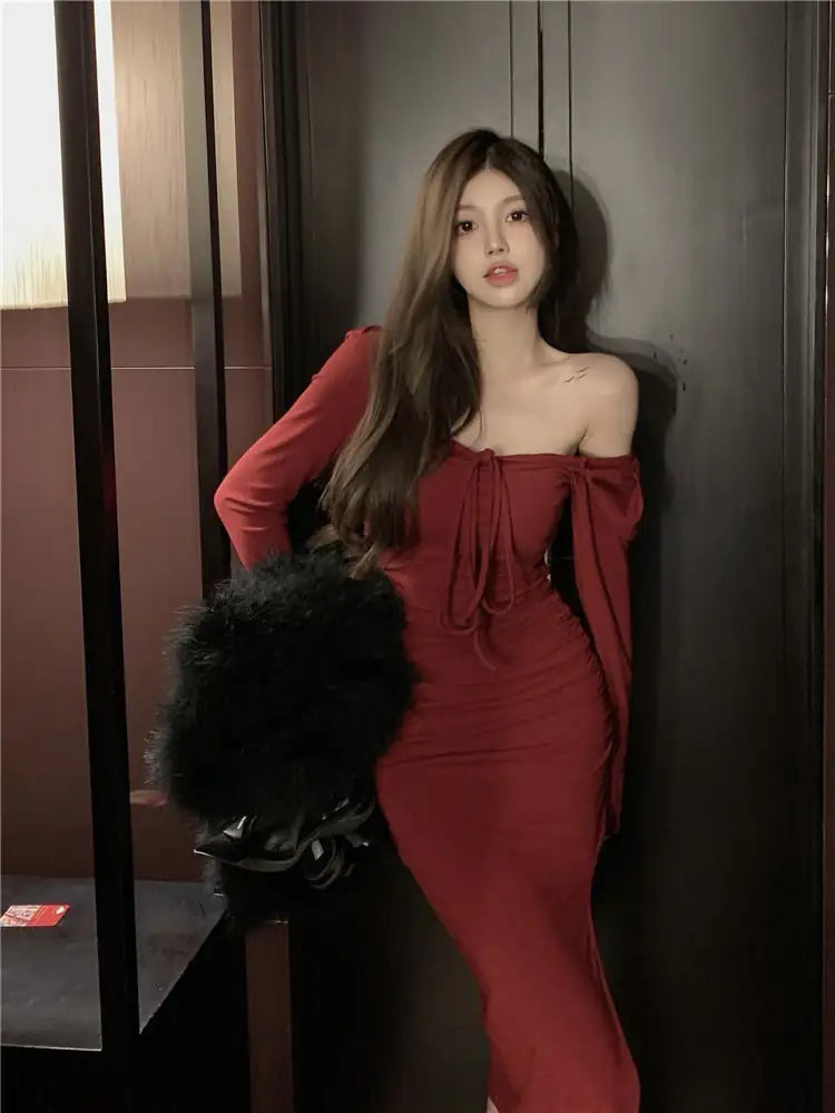 Wine red off-shoulder midi bodycon dress with long sleeves and drawstring bust