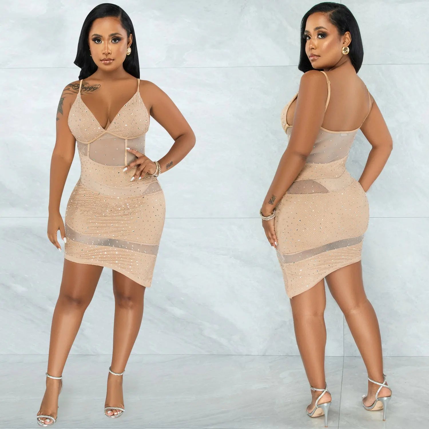 Apricot sequin mini dress with V-neck and thin straps, fitted silhouette, asymmetrical hem