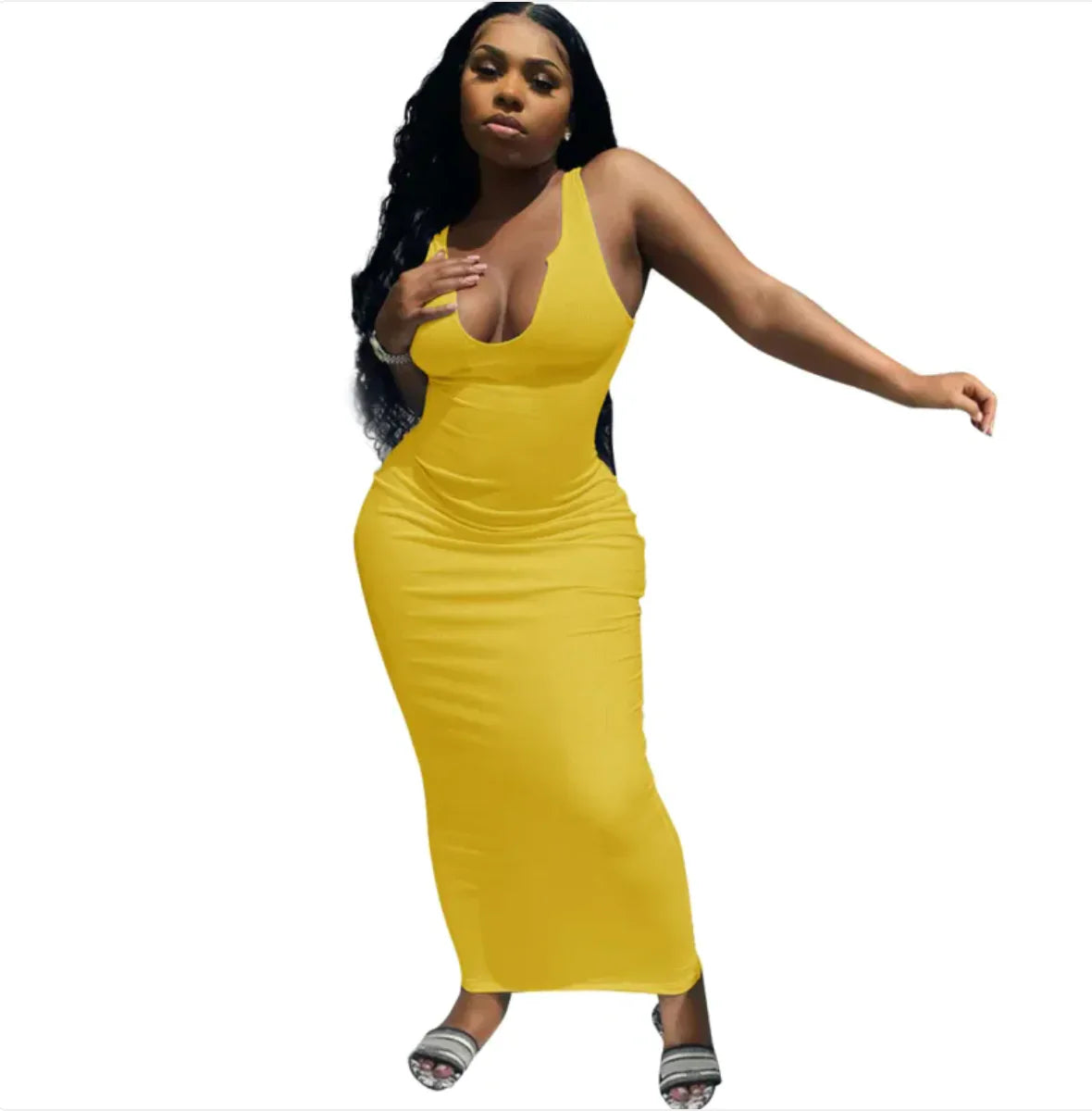 Yellow sleeveless bodycon midi dress with deep V neckline.