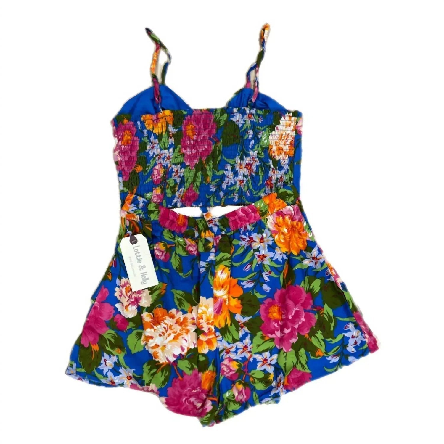 Floral mini dress with spaghetti straps and keyhole waist cutout, multicolor flowers