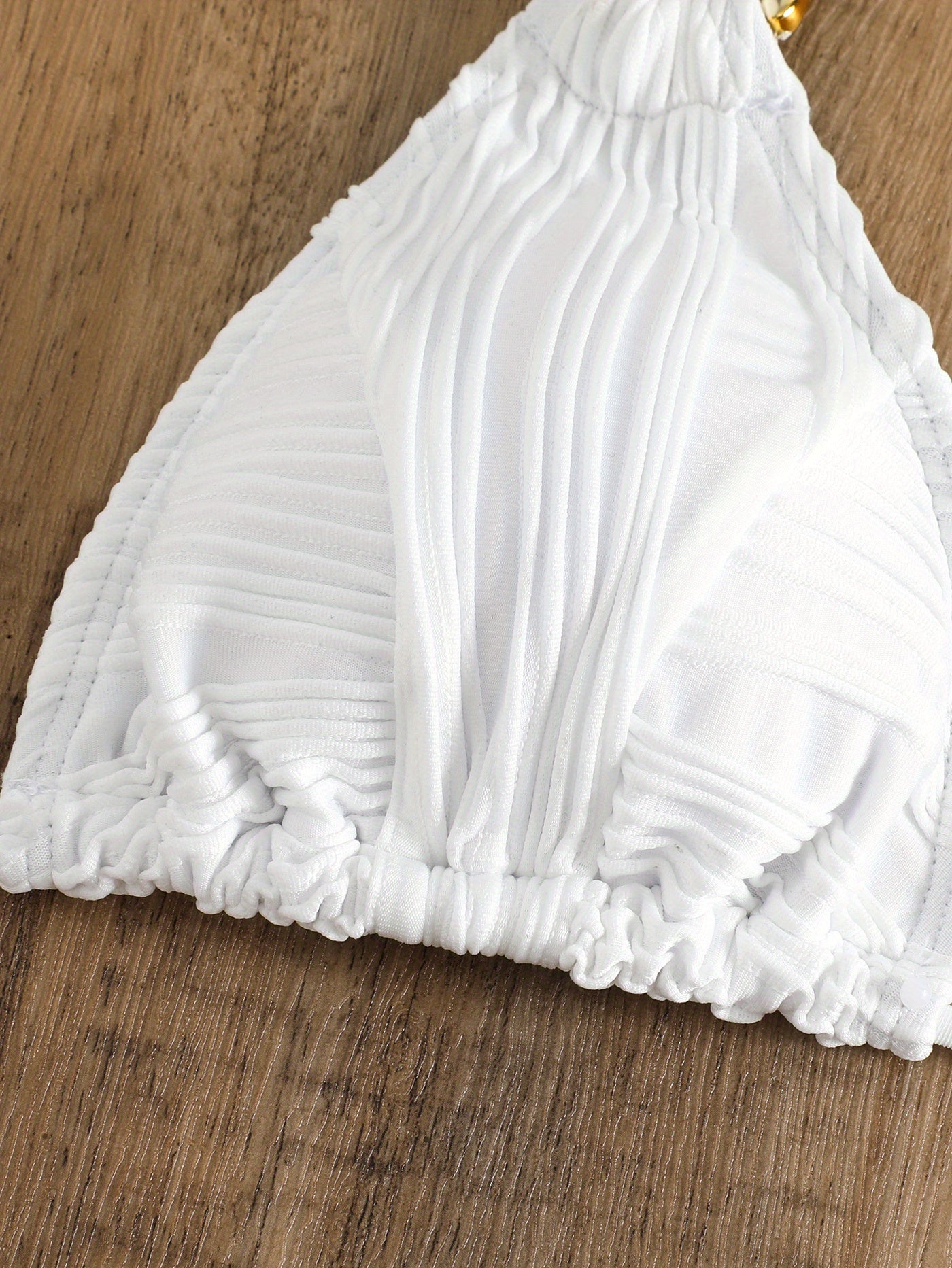 White striped halter bikini top with ruched triangle cups and frilled edge