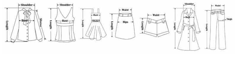 Swimwear size chart showing measurements for top and bottom styles, labeled in diagrams.