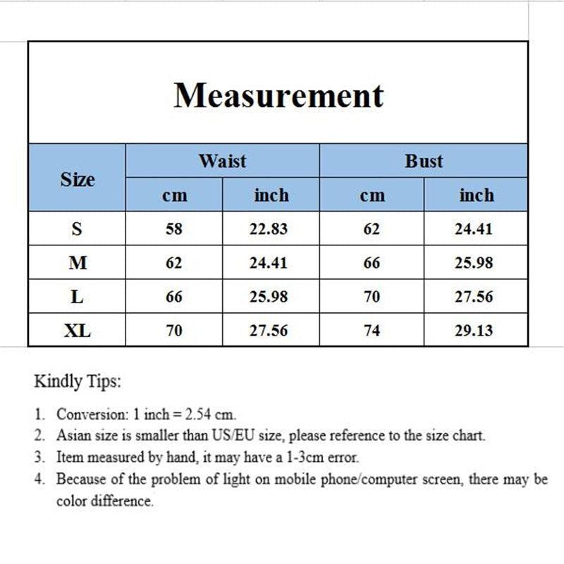 Swimwear measurement chart showing waist and bust for sizes in cm and inches.