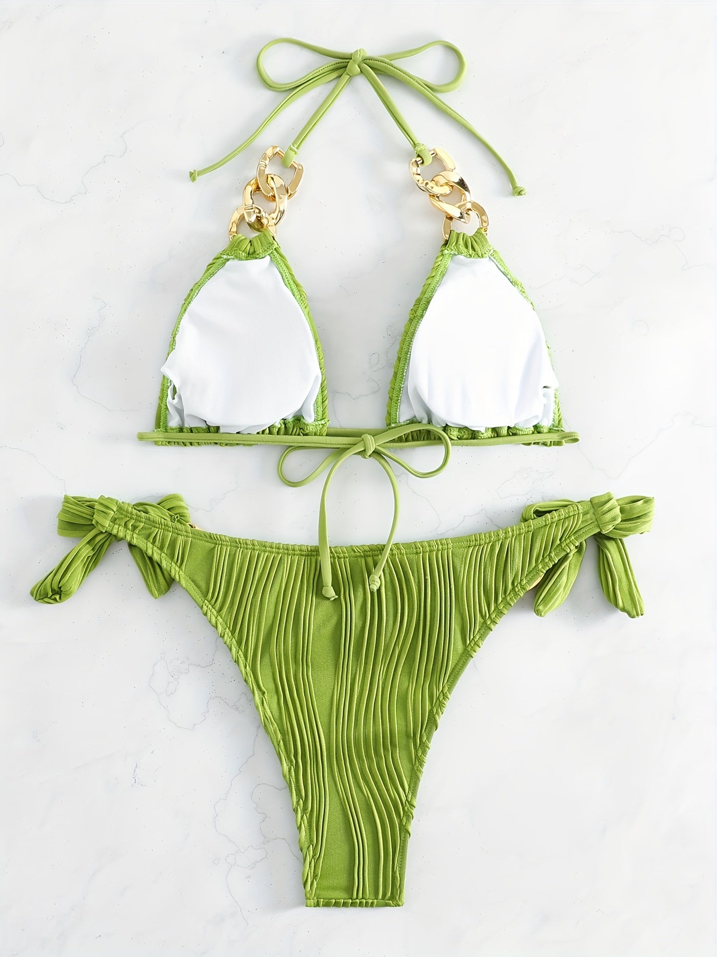 Lime green striped halter bikini set with gold ring-link detail and bow tie side ties