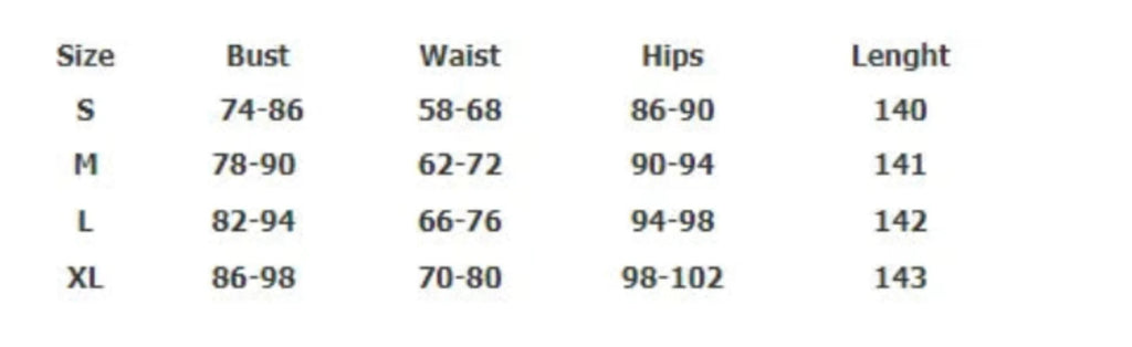 Size chart table listing bust, waist, hips, and length for S, M, L, XL