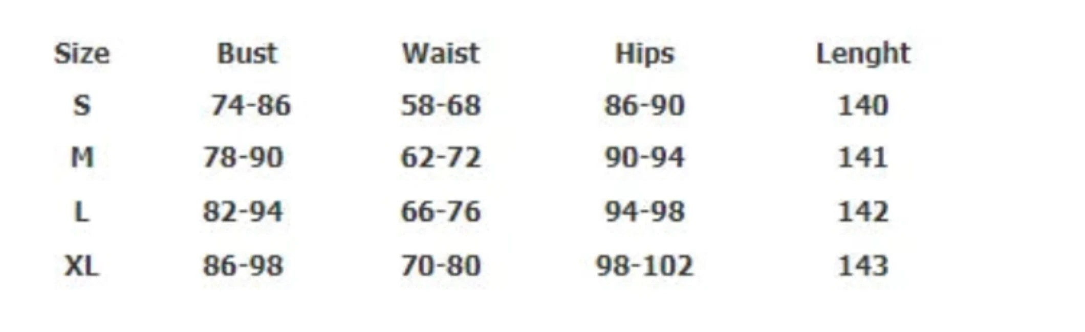Size chart table listing bust, waist, hips, and length for S, M, L, XL