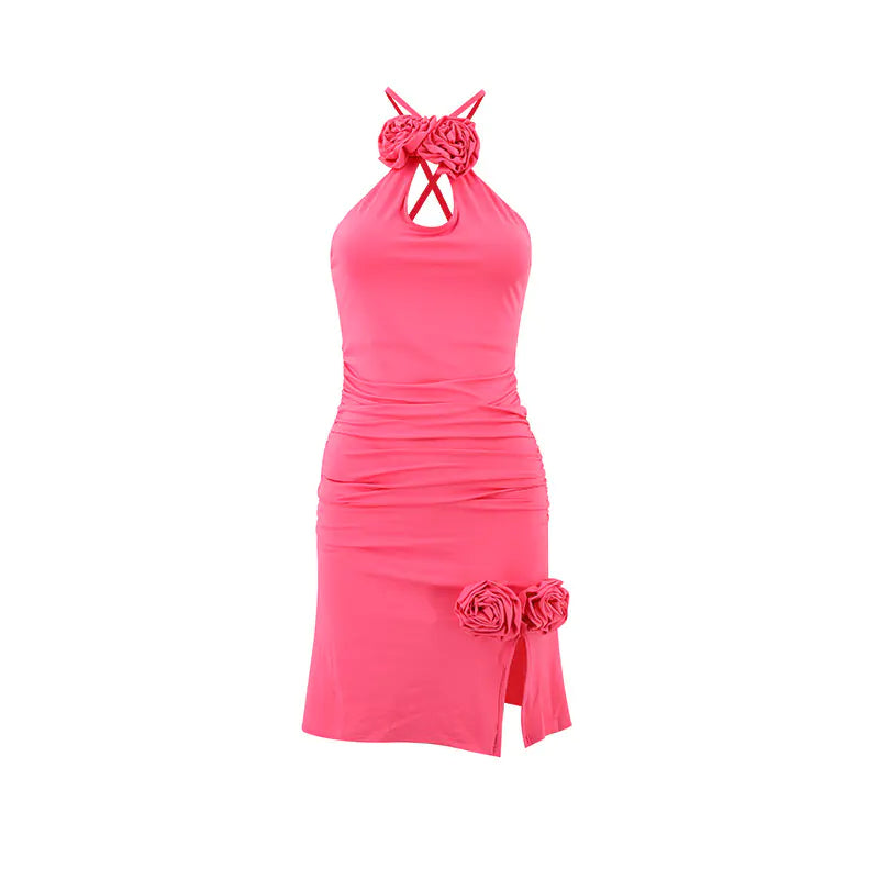 Rose red halter mini dress with ruched fit, neckline bow, and rose applique at hem