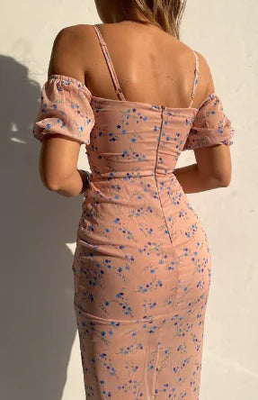 Peach floral off-shoulder bodycon dress, ruched seams, spaghetti straps, puff sleeves