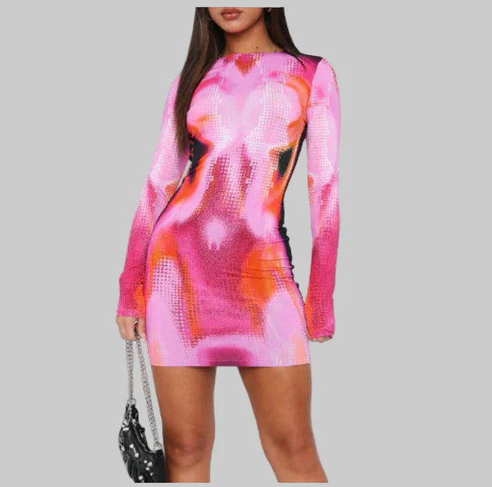 Pink-orange bodycon mini dress, long sleeves, crew neck, abstract face graphic.