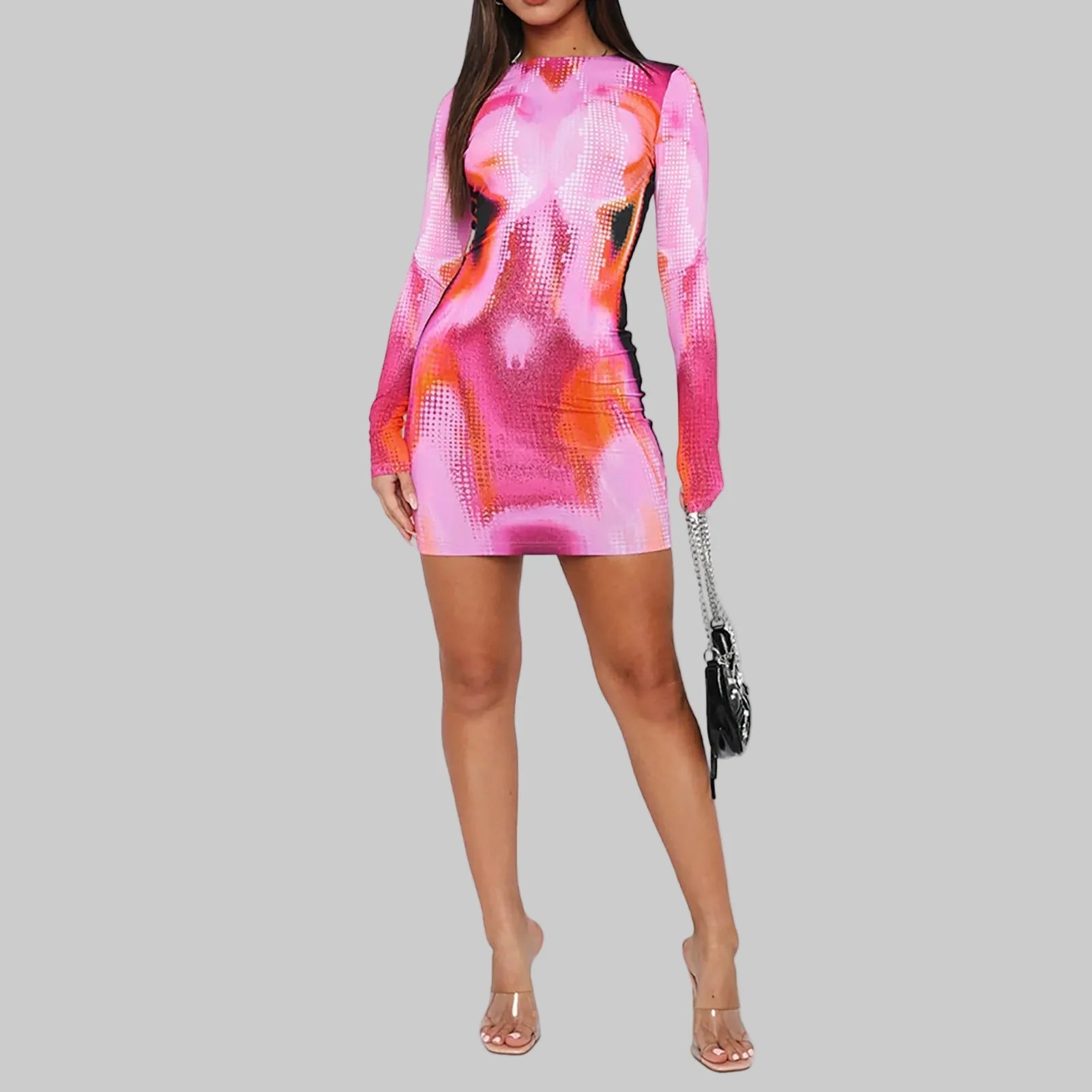Long-sleeve bodycon mini dress with crew neck, pink and orange abstract print