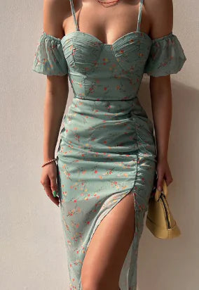 Green floral off-shoulder bodycon dress, ruched bust, spaghetti straps, side slit