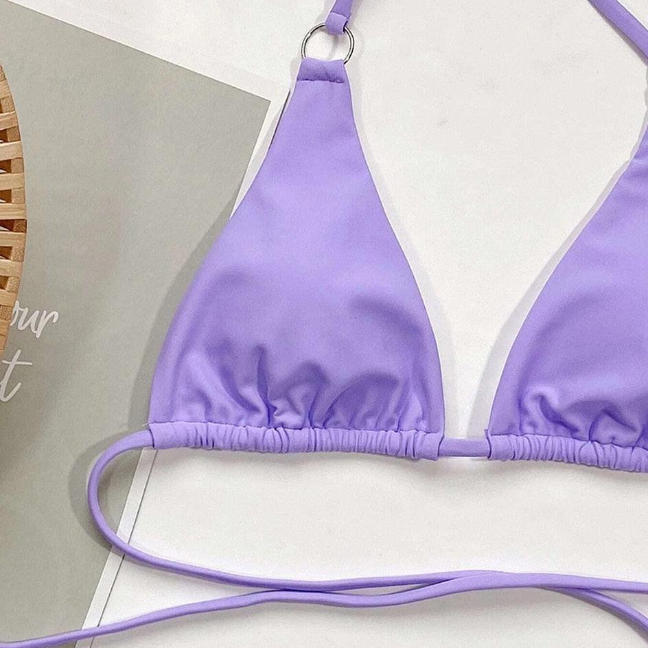Lavender triangle bikini top with halter tie straps and gathered front band