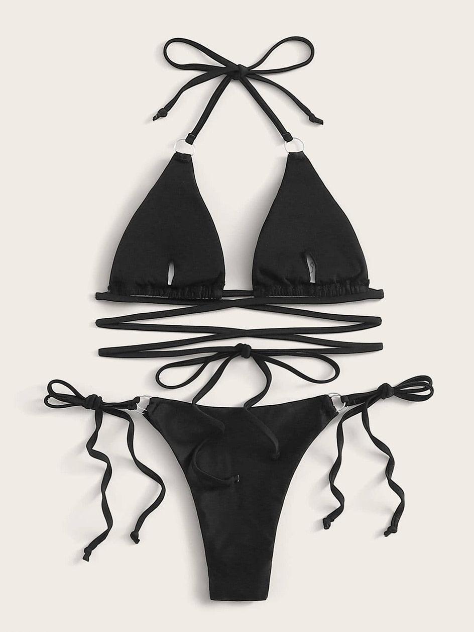 Black triangle bikini set with neck tie top and tie side adjustable bottoms