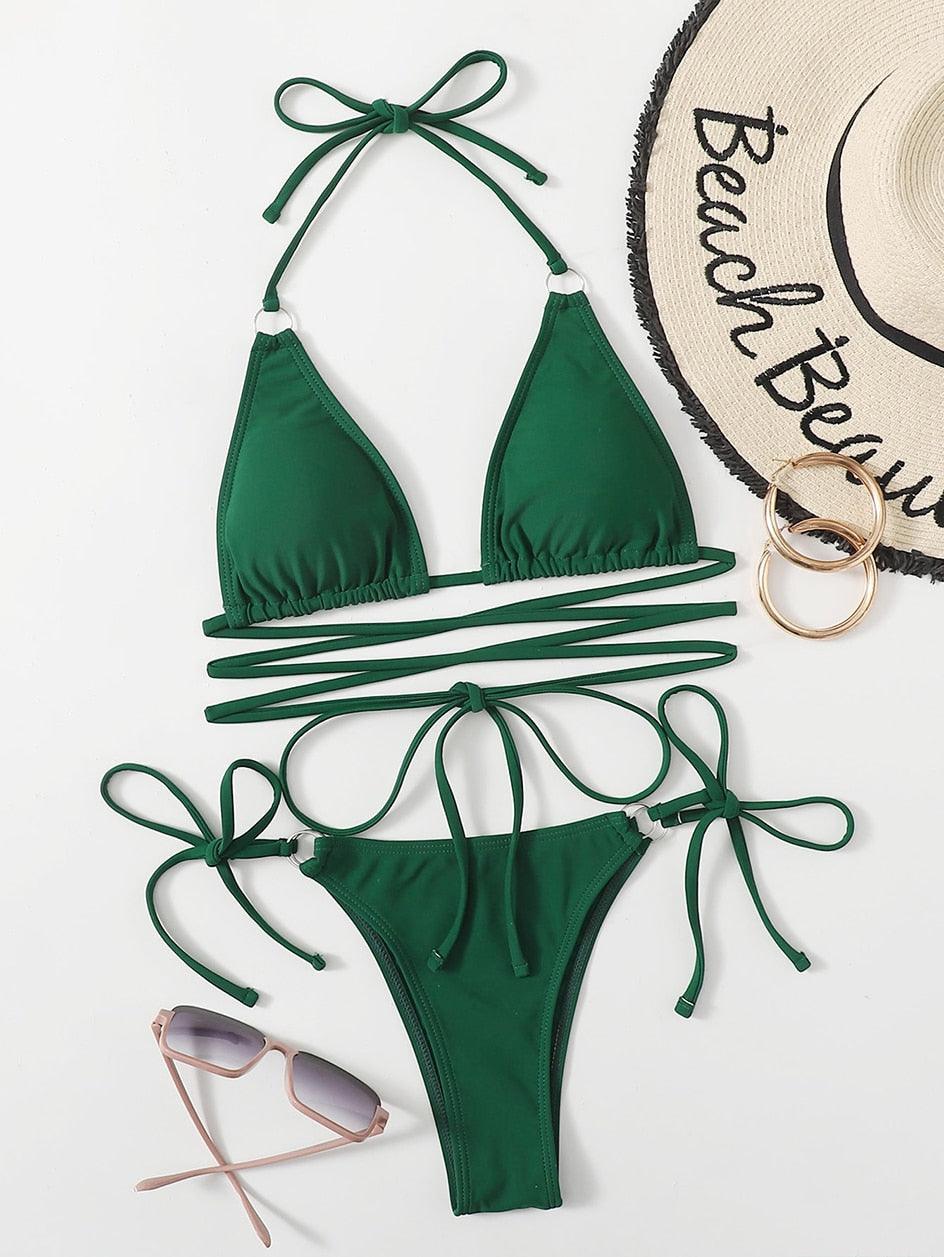Green triangle bikini set with tie bow top and matching tie-side bottom