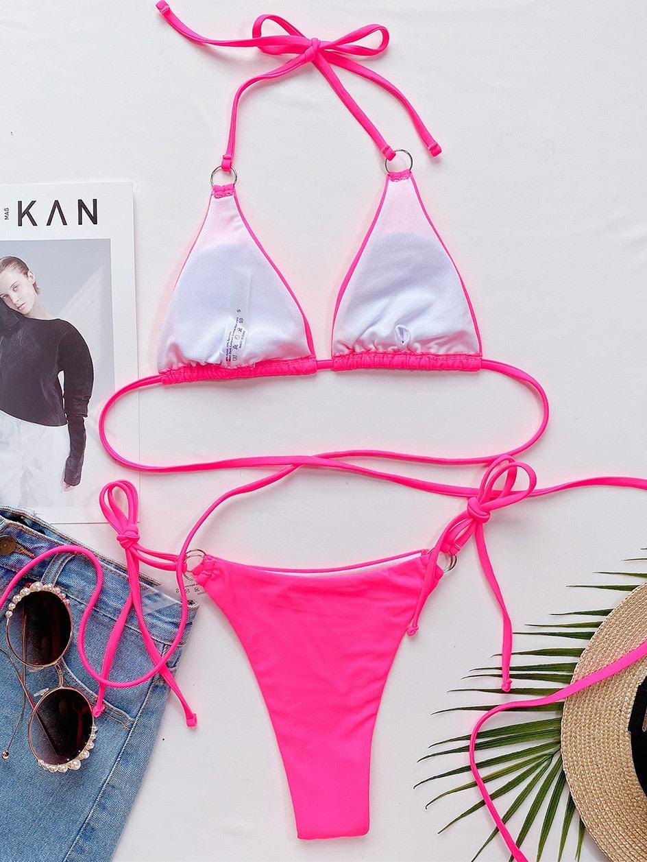 Pink triangle bikini with string tie top and matching high-cut bottoms