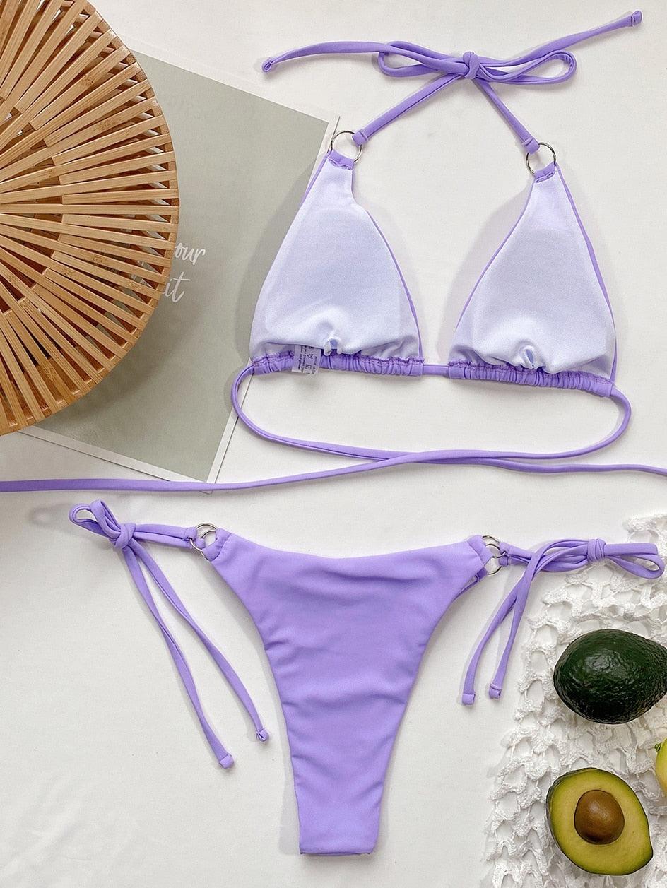 Lavender triangle bikini set with halter ties and side tie adjustable bottoms