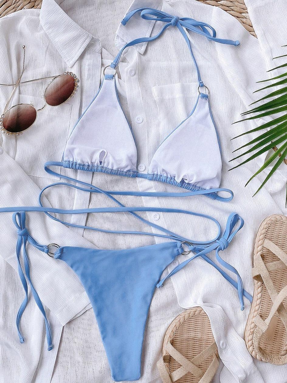 Light blue triangle bikini set with tie halter straps and side tie adjustable bottoms