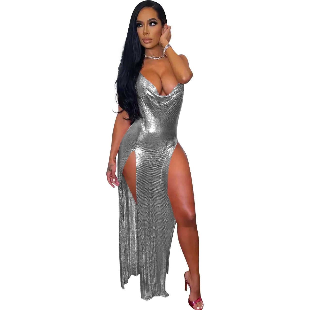 Silver metallic sequin long slip dress with cowl neckline and high side slit
