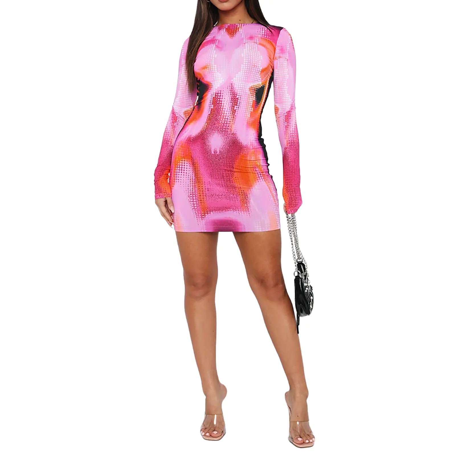 Long-sleeve bodycon mini dress with crew neck, pink and orange abstract print