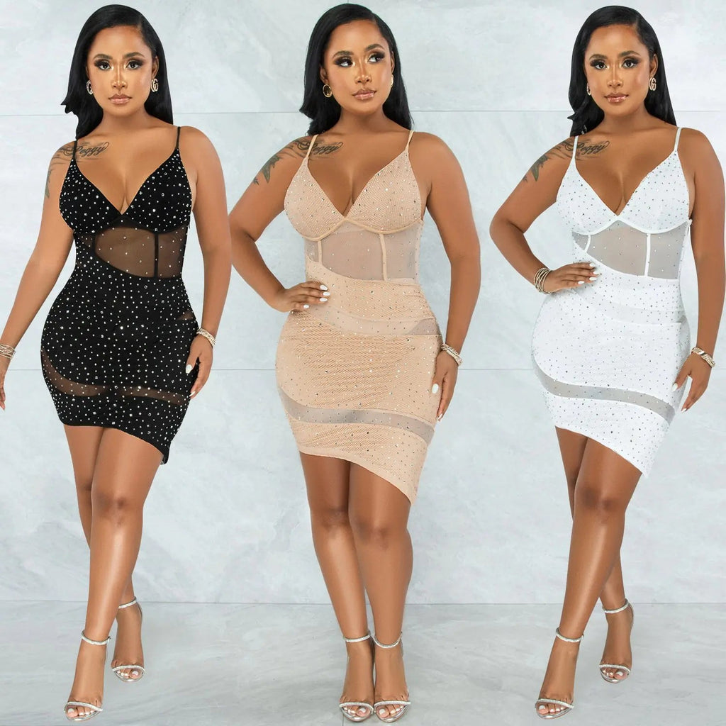Black sequin mini dress, V-neck bodice, spaghetti straps, asymmetrical hem, front and side