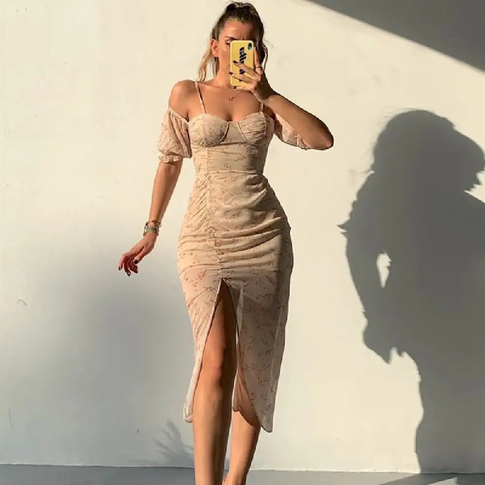 Cream floral off-shoulder midi dress with ruched bodice and front slit